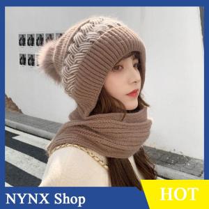 [NYNX] Womens Korean Hooded Scarf Winter Hats Woman Cold Protection Warm Scarf Hat Cute Fur Ball Ear Protection Thickened Knitted Hat