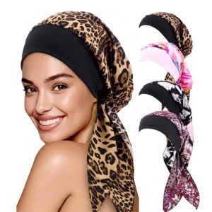 NOBLELUX Elastic Fabric Muslim Hijab Hat Flower Print Long Tail Design Chemo Beanies Cap Comfortable Adjustable Fit Bandanas Hat For Women