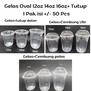 Gelas Plastik Oval 12oz 14oz 16oz + Tutup Isi 50 Pcs | U Cup PP 12 oz 14 oz 16 oz