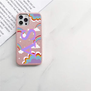 Rainbow Personalised Initials Pebble Grain Leather Phone Case for iphone 14 13 15 16 17 Pro Max 14 15 16 Plus Cover Custom Cases