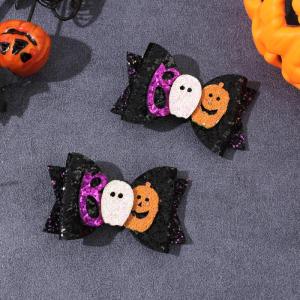 YAFEN 2Pcs Halloween Glitter Bow Hair Clips Glittering Ghost Pumpkin Spider Bownot Hairpin For Girls Party Headwear Hair Accessories