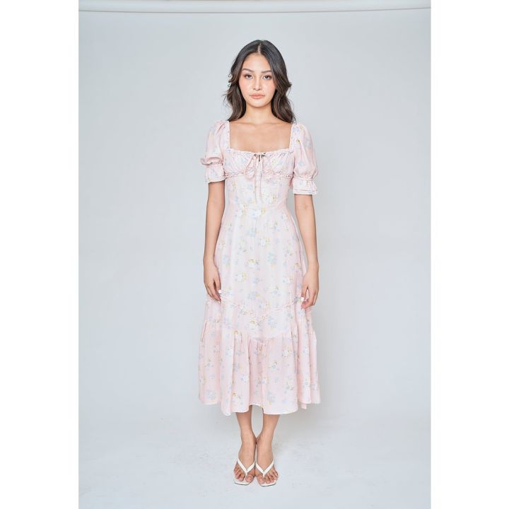 Natalia Blush Pink Floral Square Neck Short Sleeves Lined Waist Midi Dress  | Lazada PH