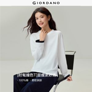 Giordano Beau Monde Women Contrast cuff long sleeve cotton knit tee Free Shipping 13326610