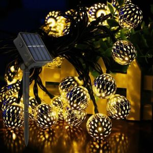 RIVENSTONE Gold Ball Solar LED String Lights Iron Round Ball Silver Ball Outdoor String Lights Art Decor Waterproof Iron Art String Lamp Outdoor Use