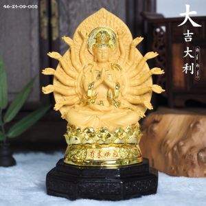 พระโพธิสัตว์กวนอิม ปางพันมือ นั่งบัว งานเรซิ่นสีทองพ่นทราย พร้อมฐานดำ รุ่นสูง 9 นิ้ว