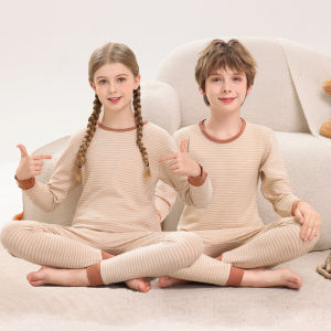2025 Autumn Winter Youth Striped Pajamas Homewear Two-Piece Set for Boys and Girls Base Layer Thermal Underwear Set