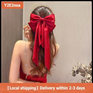【Local shipping】 Elegant Red Streamer Large Bow Ribbon Hair Clip For Women Fashion Simple Solid Satin Ponytail Bow Hairpin Girls Hair Accessories
