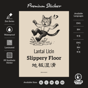 Caution Slippery Floor. Awas Lantai Licin. 请留意 地板湿滑. Sticker Sign. Cute Cat Kucing Comel. Fall Down Wet Basah.