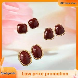 ✨QK shop✨ Vintage Enamel Wine Red Metal Stud Earrings For Women Fashion Geometric Square Earrings Elegant Wedding Jewelry Accessories