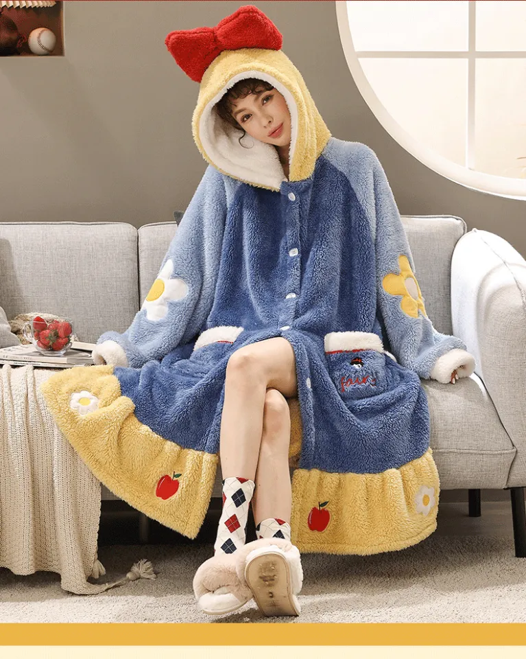 Kawaii Snow White Pajamas Nightgown Cartoon Hooded Bathrobe Flannel  Thickened Long Robe Sleepwear Winter Nightdress Sweet Homewear