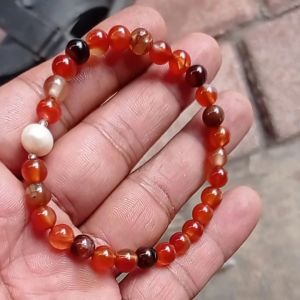 Gelang Batu Alam Asli Natural Sulaiman Madu 6 mm Kombinasi Satu Butir Mutiara Asli