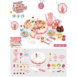 82pcs High Tea Birthday Cake Cutting with Interactive Candle Music Light DIY Pretend Play Fruit Dessert Toy