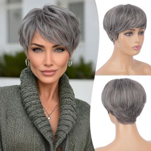 FESHFEN Pixie Cut Wigs Synthetic Short Pixie Haircut Wig with Bangs Glueless Layered Wig Wavy Wigs for Women Black