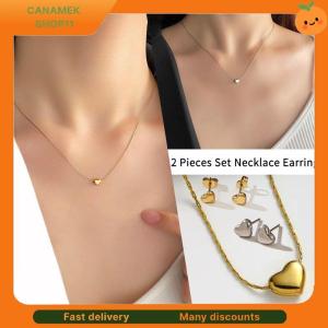 ❣️❣️❣️ 2 Pieces Set Fashion Mini Cute Heart-shaped Pendant Necklace Earrings For Sweet Girl Non-Fading Titanium Steel Choker Ear Studs