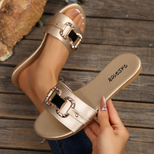 [Free Shipping] New Fashion WomenS Slippers Classic And Versatile Solid Color With Metal Decoration Round-Toe Flat Sandals