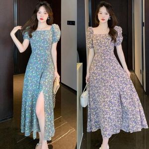 #COD Floral Dress for Women Korean Chiffon Square Neck Puffy Sleeve Slit Midi Dress Beach Casua Dress