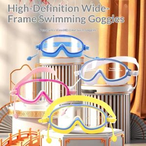 Clemine Kids Large Frame Anti-Fog Swimming Goggles with Waterproof Design and Earplugs Set for Clear Vision