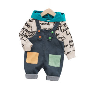 fashion pakaian anak anak laki usia 0-4 tahun Sweater Lengan Panjang Berkerudung Huruf overall denim saku blok warna bayi musim semi dan musim gugur katun setelan dua potong
