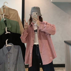 Kemeja korduroi wanita gaya korea atasan kemeja lengan panjang longgar mantel kemeja