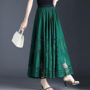 2025Lace Skirt Womens New A-word Long Skirt Big Swing Gauze Hollow Pleated Skirt8/27