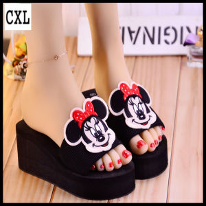 CXL Beautiful Flat Slippers 2.36 Inches Wedge Sandals Anime Mouse Inlay Rubber Sole Sturdy Shoes For Women (34-39 size)
