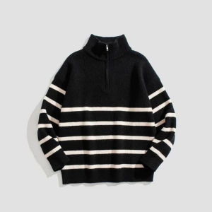 RH - BAJU RAJUT SWEATER ZIPPER RESLETING KERAH TINGGI BELANG BELANG GARIS KECIL