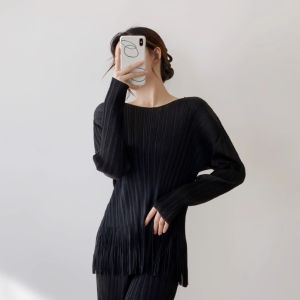 KESHANGYI Miyake Pleated Tassel Pants Set Women Spring/Summer New Loose Pleats 2-Piece Set Solid Color Round Neck Casual Long Sleeve