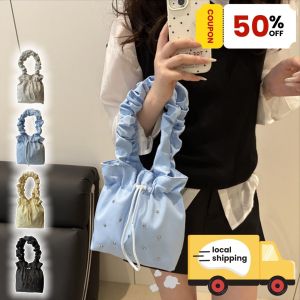 QNQN【การจัดส่งสินค้า 2-3 วัน】ผ้าใบสดใต้วงแขนกระเป๋าผู้หญิงขนาดใหญ่ความจุใหม่ฤดูร้อนจีบไหล่เดียว Drawstring กระเป๋าถือ