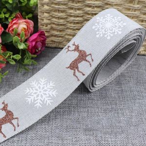 5Yard/Roll Merry Christmas Tree Elk Printed Burlap Ribbons Handmade Wreath Bows For Gift Wrapping Xmas New Year Decoration