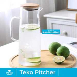 One Two Cups Teko Kaca Teh Pitcher Tea Pot Maker Borosilicate Glass Kapasitas 1.3L Dengan Tutup Kayu