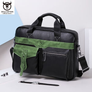 BULLCAPTAIN Mens High Quality Leather Briefcase One Shoulder Messenger Large Capacity Document Bag Casual Business 15.5 Inch Computer Bag