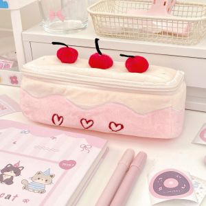 JING Cherry Cake Pen Bag Large Capacity Plush Stationery Bag Cartoon Multifunction Stationery Organizer Gift
