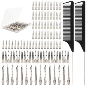 100 PCS Silver Metal Alligator Clips 3 SizesCurling Clip Hair Styling And Item Fixation DIY Accessories. Two Distribution Combs for Braids Coloring and Styling