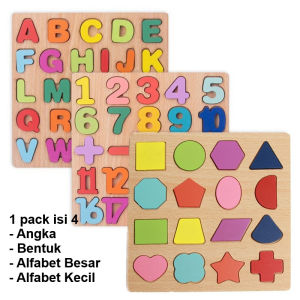 QSMN32 Puzzle Kayu Paket Isi 4 Pcs Mainan Edukasi ABC dan Angka Wooden Puzzle Melatih Kecerdasan Jigsaw Usia 2-4 Tahun