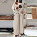 ZANZEA Womens Lady Elegant Sets Crew Neck Lantern Sleeve Graphic Print Tops Wide Leg Trousers Suits #0909. 