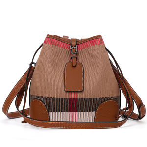 Aidrani  Womens genuine leather shoulder crossbody bag canvas cowhide plaid bag fashionable bucket shaped handbag