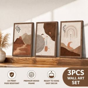 3 PCS Wood Wall Art Set Boho Abstract Floral Frameless Hanging Decor For Living Room Bedroom Hallway