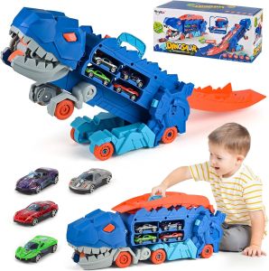 YUNLEO Kids Transformed Dinosaur Truck with Sliding Race Track Transforms into Standing T-rex Die-cast Toy Cars