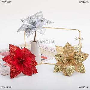 [COD] WANGJIA Artificial Christmas Flowers Glitter Poinsettia Artificial Flower Silk Faux Floral For Xmas Tree Wreath Wedding Holiday
