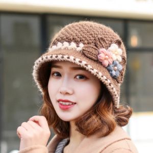 ED Windproof Knitted Bucket Hat Warm Plush Yarn Cloche Hat Fashionable Cozy Floral Crochet Hat Autumn