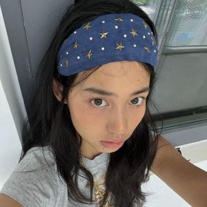 SIQIN Colth Wide Star Rivet Headband Spicy Girl Y2K Wide Edge Hairband Hair Accessories Face Wash Retro Hair Hoop Women