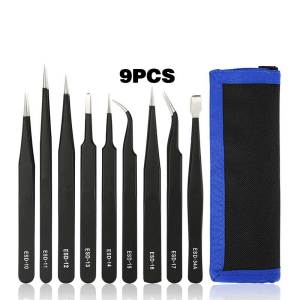 9PCS Eyebrow Tweezer Tweezer Hitam Lurus Dan Bengkok