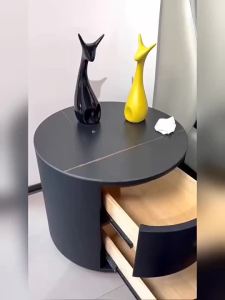 Bedside Table Round Leather Bedside Table Light Luxury Minimalist Modern Rock Panel Tempered Glass Storage Cabinet
