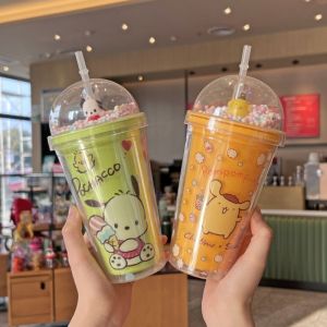 450ML Sanrio Hello Kitty Pochacco Water Bottle Straw Cup Anime Cartoon Kuromi Cinnamoroll for Kid Kawaii Double-layer Plastic Cup Gifts