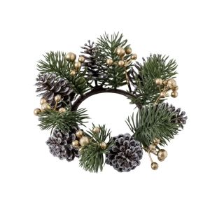 HCHC MALL 2pcs Artificial Christmas Candle Wreath with Pinecone and Berry Nordic Rustic Candlestick Garland Household Plastic Candle Holder Ring New Year