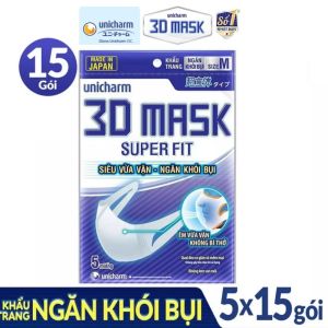 Combo 15 gói Khẩu trang Unicharm 3D Mask Super Fit ngăn khói bụi (5 cái/gói)