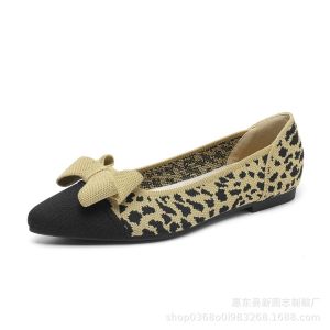 Ladies Pointed Toe Black Flat Shoes Bow New Style Solid Color Woven Knitted Shoes Breathable Anti-slip Wear-resistant Womens Shoes Large Size