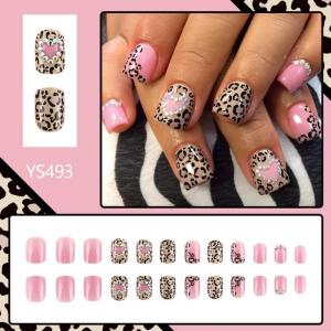 24 Pcs Leopard Heart Full Cover Artificial Nail Valentines Day False Nail Rhinestones Press On Nail Acrylic Nail