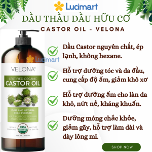 Dầu thầu dầu hữu cơ Castor Oil Velona 473ml hỗ trợ tóc lông mi lông mày [Hàng Mỹ]