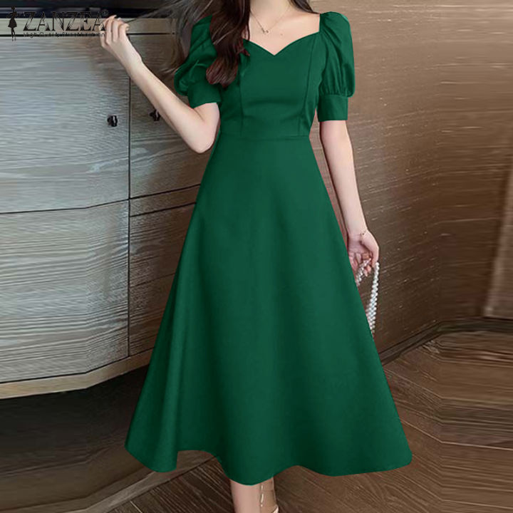 ZANZEA Korean Style Womens Puff Short Sleeve Midi Dress Collect